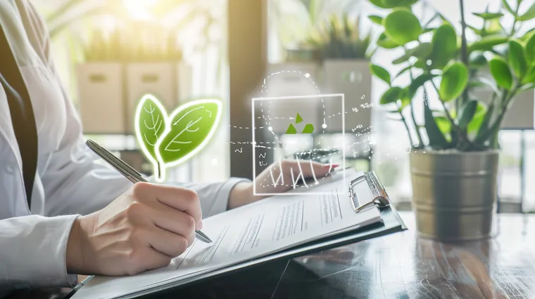 Profesional revisando un informe de cumplimiento ambiental